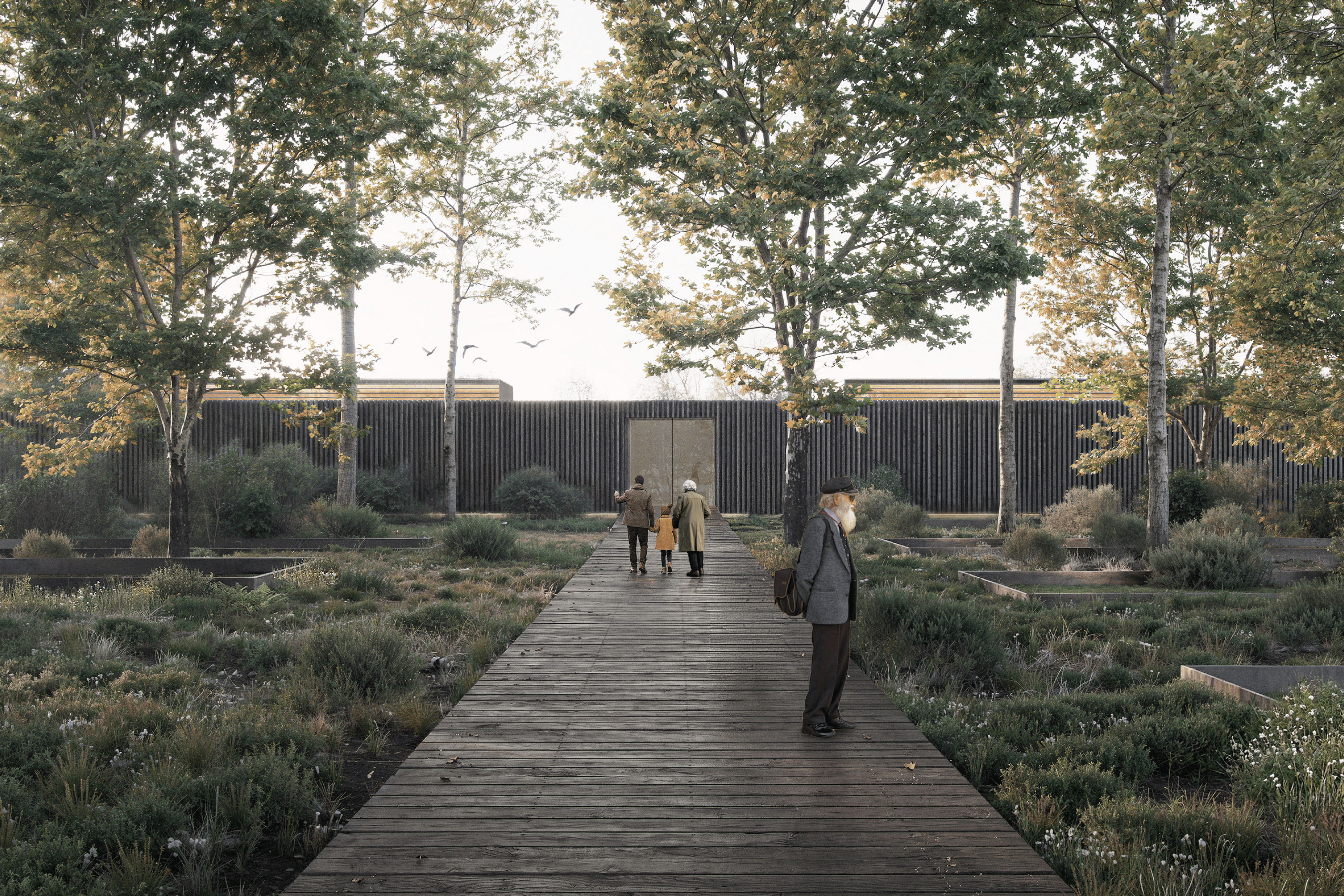 Architectural visualization of the entrance to the future Stalag 326 Memorial. A raised wooden boardwalk leads through a natural landscape with trees and meadow-like vegetation toward a restrained, dark timber-clad visitor building. Visitors walk along the path, while the surrounding open space subtly reveals traces of the former camp, creating a quiet transition into the memorial.