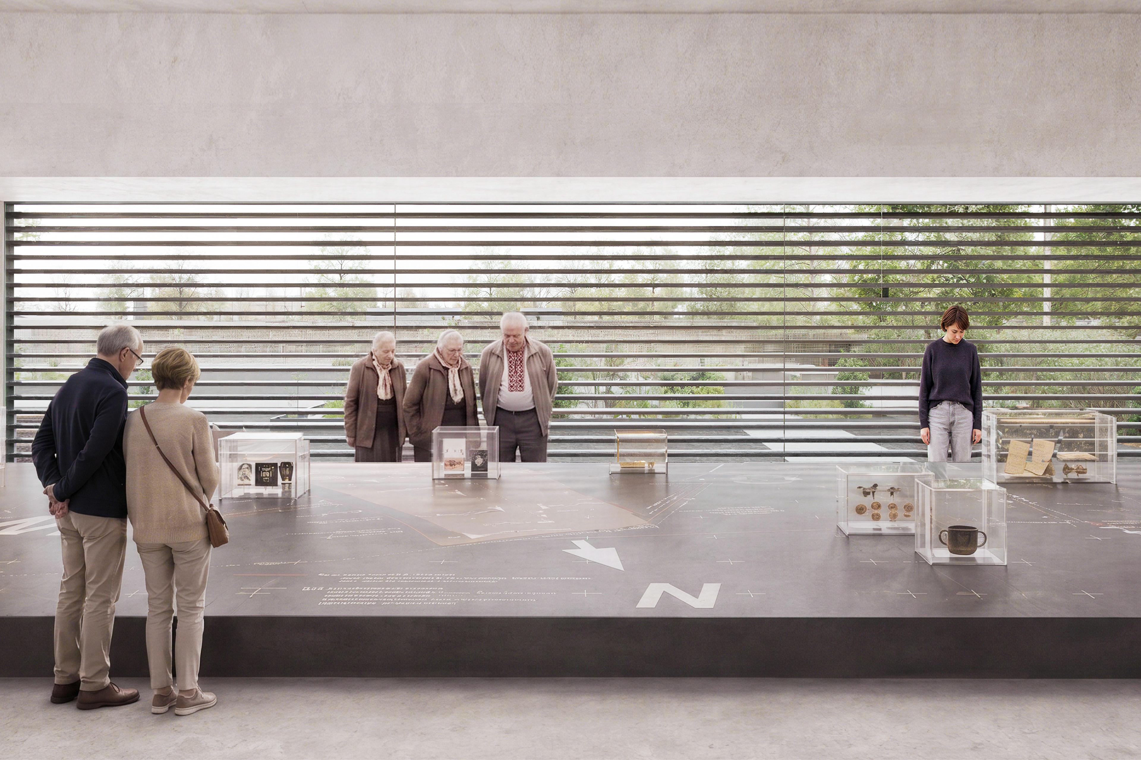 Architectural visualization of the exhibition prologue inside the future Stalag 326 Memorial. Visitors explore original artefacts displayed on a large platform that traces the footprint of a former barrack. Floor graphics and panoramic views across the memorial site connect the exhibition with the historic landscape beyond.